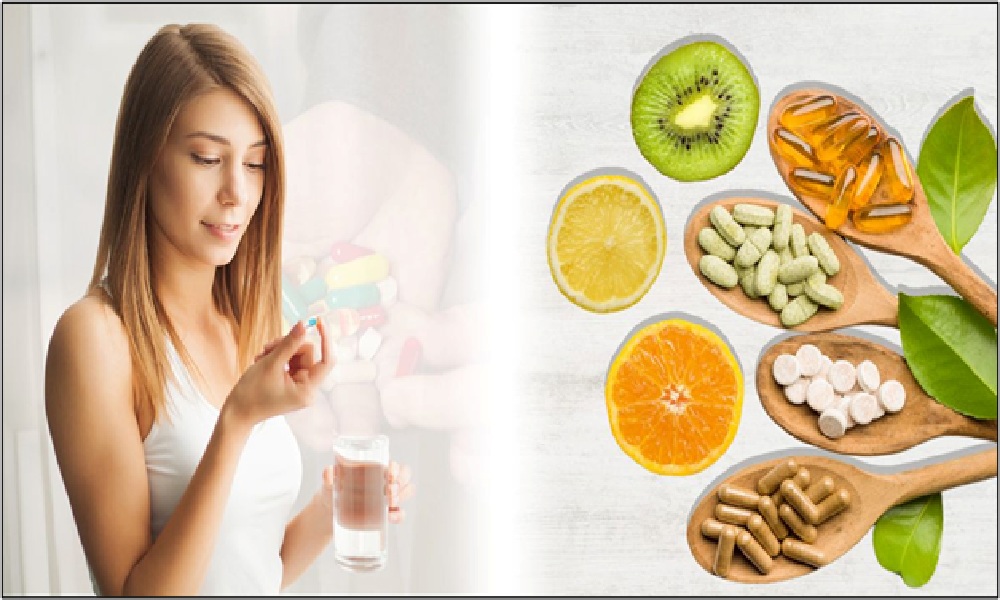 A girl taking daily supplements in pill form, alongside a display of some daily supplements for immunity and energy